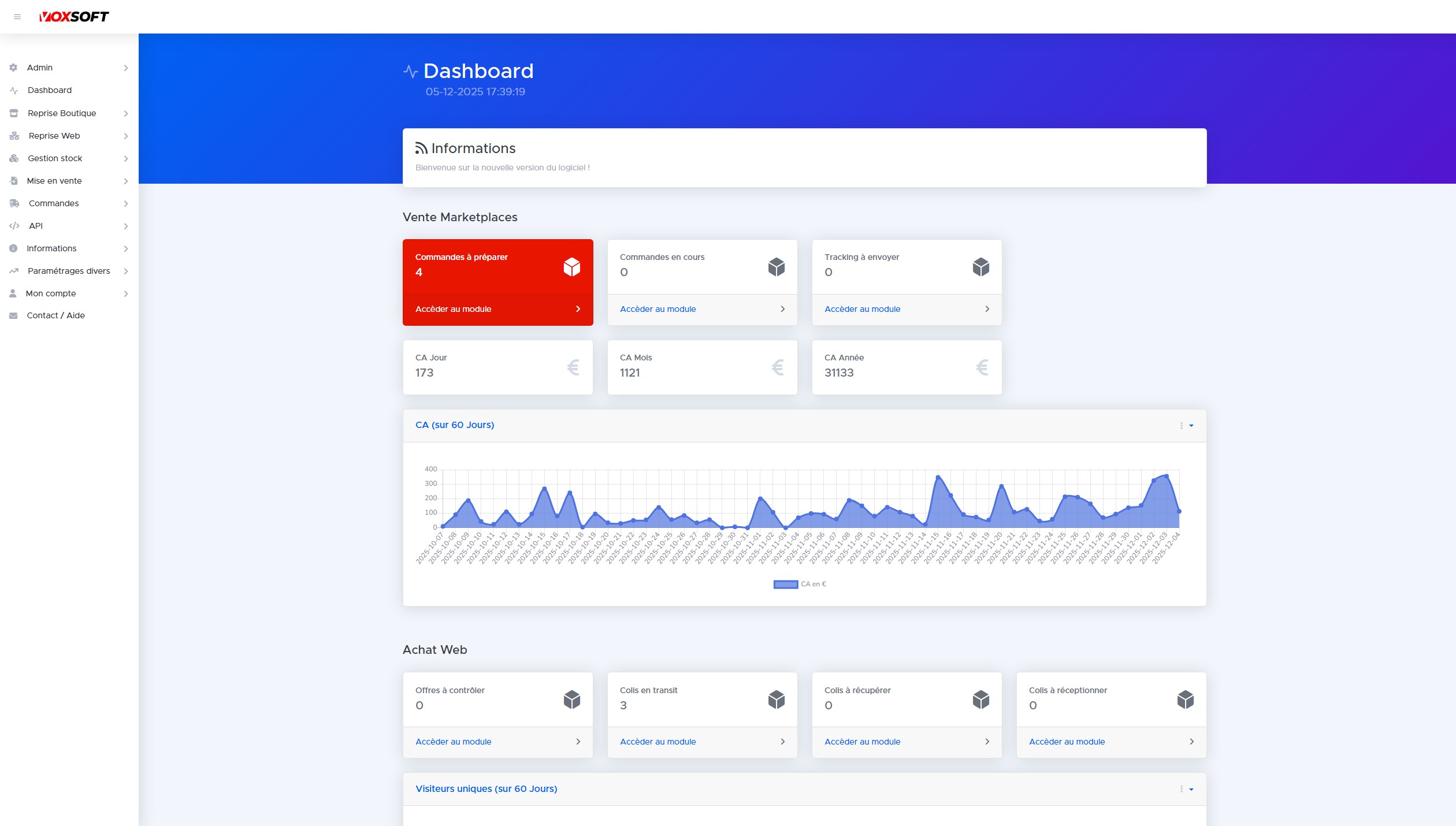 Dashboard VoxSoft avec compteur de commandes à préparer.
